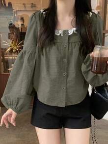 别致复古格子方领长袖衬衫，甜美青春休闲风，2025 年春夏女装