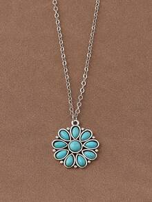 SUPBORA 6pcs/Set Vintage Western Cowboy Style Turquoise Charm Pendant Chain Necklace, Suitable For Women's Daily Wear, 20 Inches Long - Antique Silver - View 2