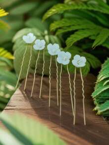 新款白色花朵陶瓷发叉，田园风发夹，新娘婚礼发饰，厂家直销情人节配饰 - 金色 - 查看 4