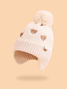 1pc Kids Cartoon Bear Embroidered Pom Pom Knit Hat, Ear Ion Windproof Fleece Warm Winter Accessory Cap For Boys & Girls, Suitable For Daily Outings In Winter As Gift - Multicolor - View 3