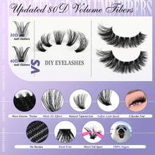 MEM 240/192片D型卷翘高密度假睫毛套装，新手友好，柔软自然，单根嫁接，持久轻盈，适合日常妆容，10-20毫米混合长度，轻松在家DIY，40D、60D、80D、100D混合浓密睫毛簇 - 黑色 - 查看 7