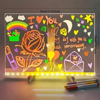 Acrylic Dry Erase Board With LED Light And Bracket, Used As A Luminous Memo Dry Erase Board, LED Letter Message Board, LED Note Board, And 7-Color Marker (Random Color) Whiteboard, Suitable For Office, School, And Home Use As Birthday Gifts, Holiday Gifts, And Christmas Gifts (Bracket Comes In Two Styles With Random Color Spraying). The Color Of The Wiping Cloth Is Random