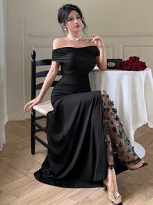 abyoxi Black Color Sexy Off-Shoulder Luxury 3D Floral Off-Shoulder Fashion Elegant Romantic Party Dress,Homecoming,Spring/Summer New Women's Dresses - Black - View 3