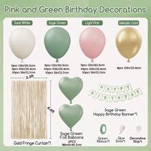 浅粉色、鼠尾草绿、沙色、白色、金属金色加厚乳胶气球和心形铝箔气球花环拱门套装，含流苏帘和生日快乐横幅，适用于1岁、3岁、5岁、13岁、16岁、18岁、21岁、30岁、40岁生日派对装饰用品 - 混色 - 查看 2