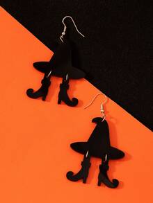 万圣节邪恶女巫帽靴子设计黑色吊坠耳环复古哥特式亚克力饰品鬼节耳环 - 黑色 - 查看 4