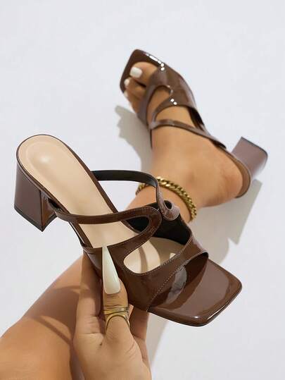 女士高跟凉鞋，时尚高端派对户外粗跟交叉镂空设计方头闪亮镜面性感优雅露背凉鞋，优雅棕色