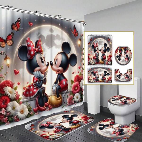 Disney Set Of 4 Mickey Minnie Mouse Moonlight Romance Ambience Pattern Shower Curtain Kit. It Includes Waterproof Shower Curtains For Bathtub Partitions, Waterproof Bathroom Partition Curtains With 12 Hooks, Non-Slip Bathroom Floor Mats, Toilet U-Shaped Mats, Toilet Lid Mats, As Well As Bathroom Decorations.