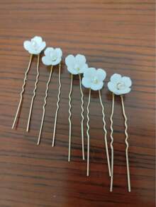 新款白色花朵陶瓷发叉，田园风发夹，新娘婚礼发饰，厂家直销情人节配饰 - 金色 - 查看 2