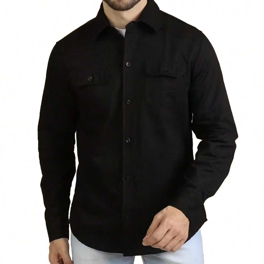 Men's Long Sleeve Denim Shirt With Pocket And Button - màu đen - Xem 1