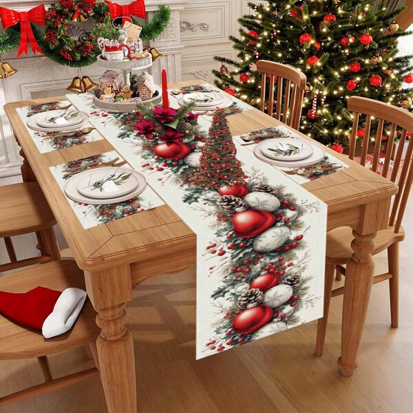 Conjunto de 1/4/5/270 peças de caminhos de mesa e jogos americanos de Natal - Conjunto de decoração de caminhos de mesa e jogos americanos com estampa digital de flores, sinos, pinhas e cranberry, adequado para reuniões familiares de Natal, restaurantes, decoração de mesa para cozinha e sala de estar, presente de Natal ideal