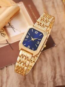 2pcs/Set Elegant Fashion Women's Square Steel Band Quartz Watch With Rhinestones, Petite Square Quartz Ladies Watch - Gold - View 3