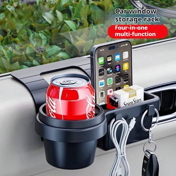 Portable Car Door Cup Holder, Beverage Rack, Side Door Car Window Phone Slot, Hanging Storage Rack, Car Organizer With Dual Hooks And Charging Port