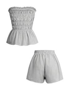 Vaiaye 女士夏季夏威夷波西米亚风热带海滩度假两件套——单肩条纹荷叶边简约日常抹胸上衣和短裤，完美适用于约会、下午茶、假期、音乐节和情人节。