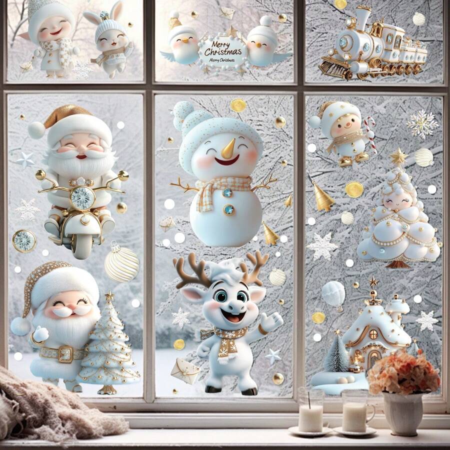 9PCS/Set Christmas Window Cling Stickers ,Happy Christmas Snowman Elk Decal White Stereo Static Sticker For Home Shop Display Winter Glass Christmas Decoration