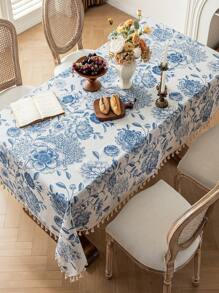 1 件蓝色花卉流苏桌布，复古风格，带流苏，涤纶纤维材质，可水洗，适用于床头柜、餐桌、咖啡桌、沙发套、农舍家居、家庭用餐、厨房、晚餐、派对、感恩节、秋季装饰、四季装饰 - 藍色 - 查看 25