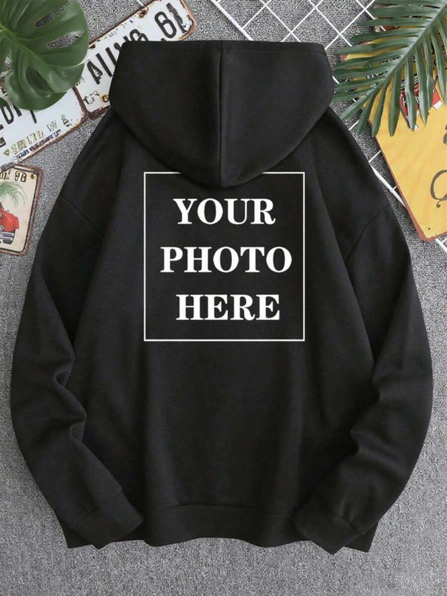Personalized Text & Photo Customized Men's Hoodie Sweatshirt For Valentine's Day, Autumn/Winter - Upload Your Friend/Family Photo, Selfie, Group Photo, Landscape, Pet Photo, Or Logo - Black - View 1