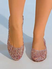 A Pair Of Women's Crystal Mesh Sandals, Crystal Mesh Shoes, Hollow Crystal Jelly Sandals, Crystal Jelly Flat Shoes, Closed Toes, Soft Beach Shoes, Nostalgic Retro Mom Shoes For Middle-Aged And Elderly, Mother's Day Gift, Valentine's Day Gift, Teacher's Day Gift - Pink - View 7