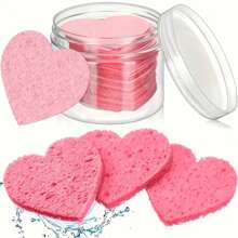 5pcs Pink Heart Shaped Compressed Facial Cleansing Sponges, Wood Pulp Fiber Expandable, Face Cleaning Makeup Puff, Suitable As Valentine's Day Gift For Girlfriend - Pink - View 1