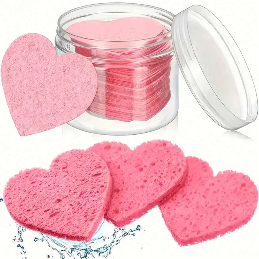 5pcs Pink Heart Shaped Compressed Facial Cleansing Sponges, Wood Pulp Fiber Expandable, Face Cleaning Makeup Puff, Suitable As Valentine's Day Gift For Girlfriend - Pink - View 1