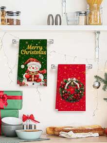 4Pcs 40*60cm/15.74*23.63inch Christmas Wreath Gold Snowflake Red Background Green Background Cleaning Cloth Dish Towel Santa Claus Christmas Tree Holiday Towel Home Kitchen Absorbent Cloth Holiday Tabletop Decor Fabric Christmas Party Decoration Cleaning Decor, Suitable For Christmas Home Kitchen Hand Towel, Decorative Towel. - Multicolor - View 10