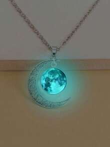 1pc Galaxy Space Fantasy Starry Sky Metal Glow In The Dark Necklace With Moonstone Pendant - Mint Blue - View 4