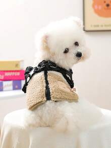 PETCIRCLE 1件宠物衣服，狗狗猫咪服装，小型犬幼犬可爱快乐狗狗猫咪套装，小型犬秋冬保暖舒适抓绒拼接胸背带 - 咖啡白 - 彩色 - 查看 2