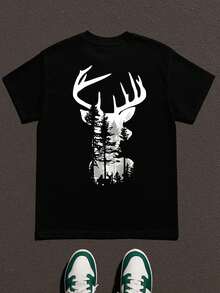 Deer Forest Graphic Tee Mens , Men's Double-Sided Printed Fashionable Casual Crew Neck 220gsm Pure Cotton T-Shirt(1 PC) - 黑色 - 查看 3