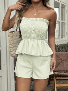 Bộ đồ hai mảnh Vaiaye mùa hè phong cách Hawaii Bohemian dành cho nữ - Áo quây xếp ly kẻ sọc và quần short, thích hợp cho các buổi hẹn hò, tiệc trà chiều, kỳ nghỉ, lễ hội âm nhạc và Ngày Valentine. - màu xanh lá - Xem 7