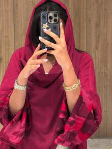 1件女士不对称扎染印花袖口纯色长款开衫，法式优雅女士长袍，适合日常生活、工作、旅行、聚会（不含头巾） - 玫紅色 - 查看 3