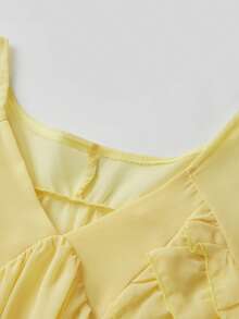 Womens Y2K Sheer Mesh Frill Shirt Tops Solid Color See Through Long Puff Sleeve V Neck Ruffle Hem Loose Fit T Shirts Blouses Boho Peplum Shawl Shirts With Scarf Set Fall Going Out Tops Beach Cover Up Vacation Streetwear - 黃色 - 查看 5