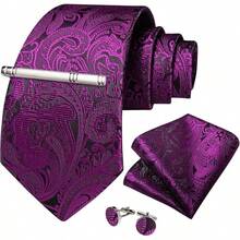Silk Floral Necktie Set With Tie Clip, Handkerchief & Cufflinks - Magenta - View 5