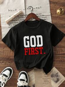 Camiseta de manga corta con cuello redondo y estampado negro informal para niños preadolescentes, top de verano - Negro - Ver 4