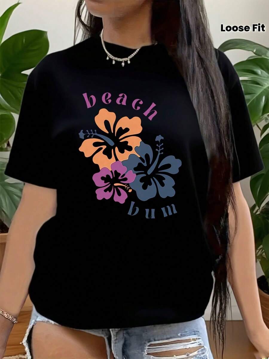 Hawaiian Vacation Style Floral Pattern T-Shirt, Short-Sleeve Round-Neck T-Shirt, Fashionable And Casual Tee, Relaxed Fit, Machine Washable Fabric - màu đen - Xem 1