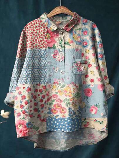 Women's Comfortable Floral Color Block Patchwork Plaid Button Up Shirt Women's Spring/Summer Break Outfits Oversized Fashion Casual Comfortable Collar Floral Splicing Pattern Long Sleeve,Imitation Linen Tops,Button Down Front And Long Back Design Summer Outfits For Women, Daily Casual Wear Summer Tops Shirt Tops Women Blouses