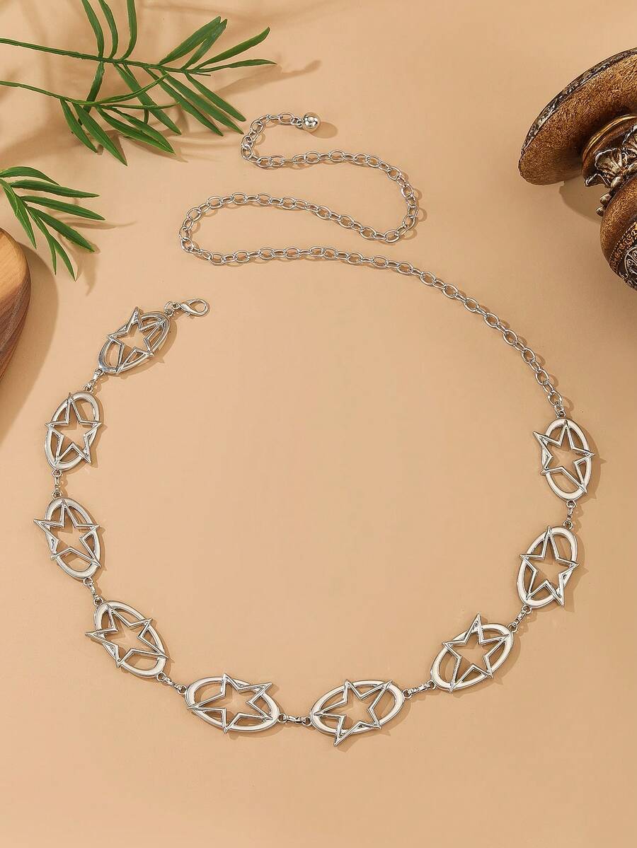 1pc Women's Western Style Belt, Hollow Five-Pointed Star Chain Waist Decoration, Fashion Versatile Body Chain Suitable For Sweater Dress, Beach, Party Fall, Autumn, Halloween - Silver - View 1