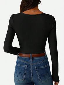 Women's Long Sleeve Tops Henley T Shirts Button Ribbed Slim Fit 2025 Spring Fall Outfits Casual Cute Basic Tee Blouse - Màu xám đen - Xem 10