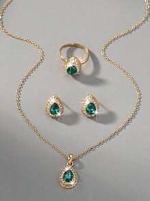 1set Vintage Luxury Elegant Rhinestone Water Drop Earrings, Necklace & Ring Jewelry Set For Women, Suitable For Festival, Birthday, Date, Dance, Party, Holiday, Shopping, Daily Work