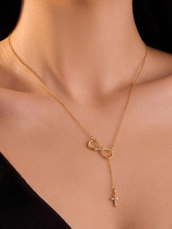 Colar com cruz infinita em ouro 14K para mulheres, gargantilha delicada com laço de zircônia cúbica para casamento/uso diário, joia da moda, presente para religiões, dia dos namorados/natal