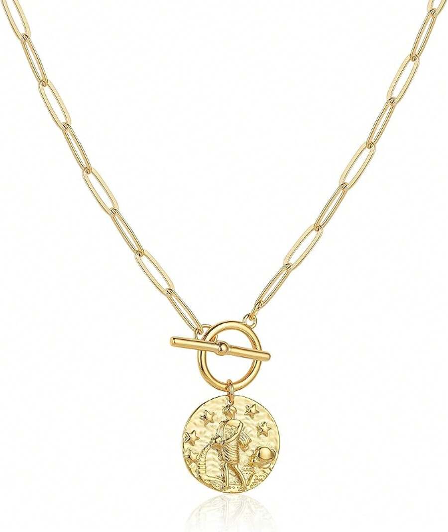 Zodiac Coin Embossed Choker Necklace Disc 12 Astrology Horoscope 14K Gold Plated Round Pendant Personalized Necklace Women Men - Bảo Bình (20/01-18/02) - Xem 1