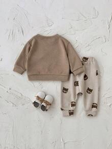 2 件套婴幼儿男女休闲熊刺绣长袖运动衫和熊印花长裤套装，春秋 - 杏色 - 查看 9