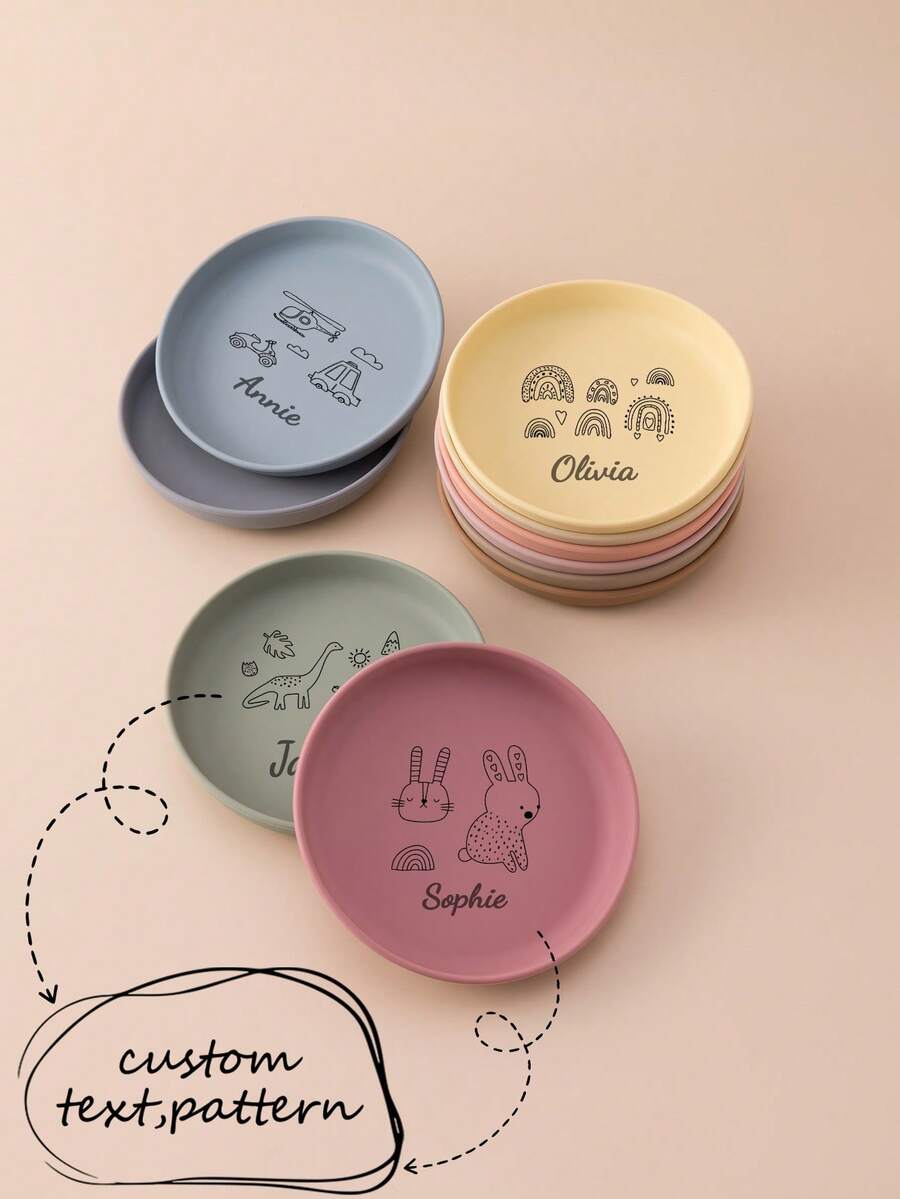 1件个性化定制姓名和图案儿童硅胶餐具圆形吸盘喂食训练儿童餐具纯色按需印刷食物储存 - 多色1 - 查看 1