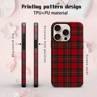 Retro Scottish Red Plaid Pattern Printed Phone Case, Shockproof, Dustproof, Colorful Printing And Leather Patch Craft, Speaker Hole With Sound Amplifier Design, Suitable For IPhone 17/16/15/14/13/12/11, Galaxy S22/23/24. Merry Christmas And Happy Holidays Tartan Pattern Super Fiber PU