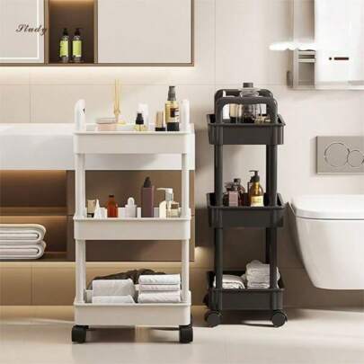 1pc 4-Layer/3 Layer Practical Plastic Trolley With Swivel Wheels, Storage, Shelving, Kitchen Organization, With Handle, Multi-Functional Movable Storage Cart, Applicable For Office, Living Room, Kitchen, Bathroom, Snack And Toy Organizer, Movable Storage Rack With Wheels, Ideal For Home And Office Organization,Simplee,Spring Break,Opulessaboho Vibes,Premium Style,Mothers Day,Spring,Spring Decor,Boho