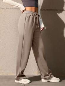 Pants Deportivo Para Mujer Pierna Ancha Corte Wide Leg - Camel - Ver 3