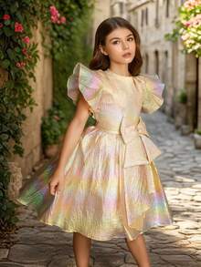 Tween Girl Champagne Gold Bowknot Elegant Dress, For Wedding, Prom, Party, Birthday, Holiday, Summer - Gold - View 3