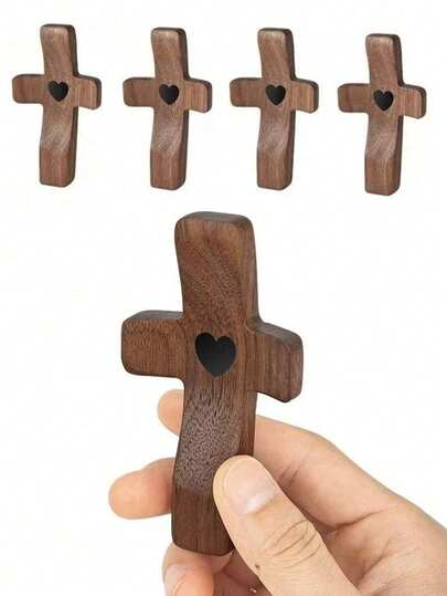1pc Wooden Cross Brooch, Religious Black Walnut Thumb Cross Style Wooden Handle Decoration, 5cm Solid Wood Small Handle For Stress Relief, Church Easter Decoration, Keychain Pendant