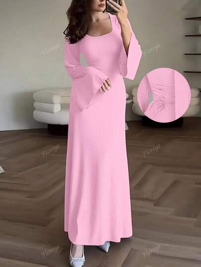 Floreya Elegant Daily Date Commute Waist Cinched Fitted Solid Color Square Neck Backless Tie Long Sleeve Maxi Dress