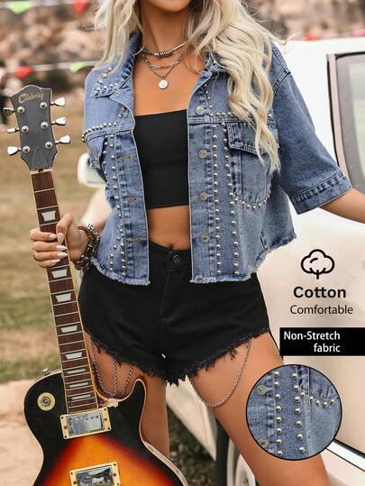 Chaqueta de mezclilla con mangas cortas oversize y adornos de perlas