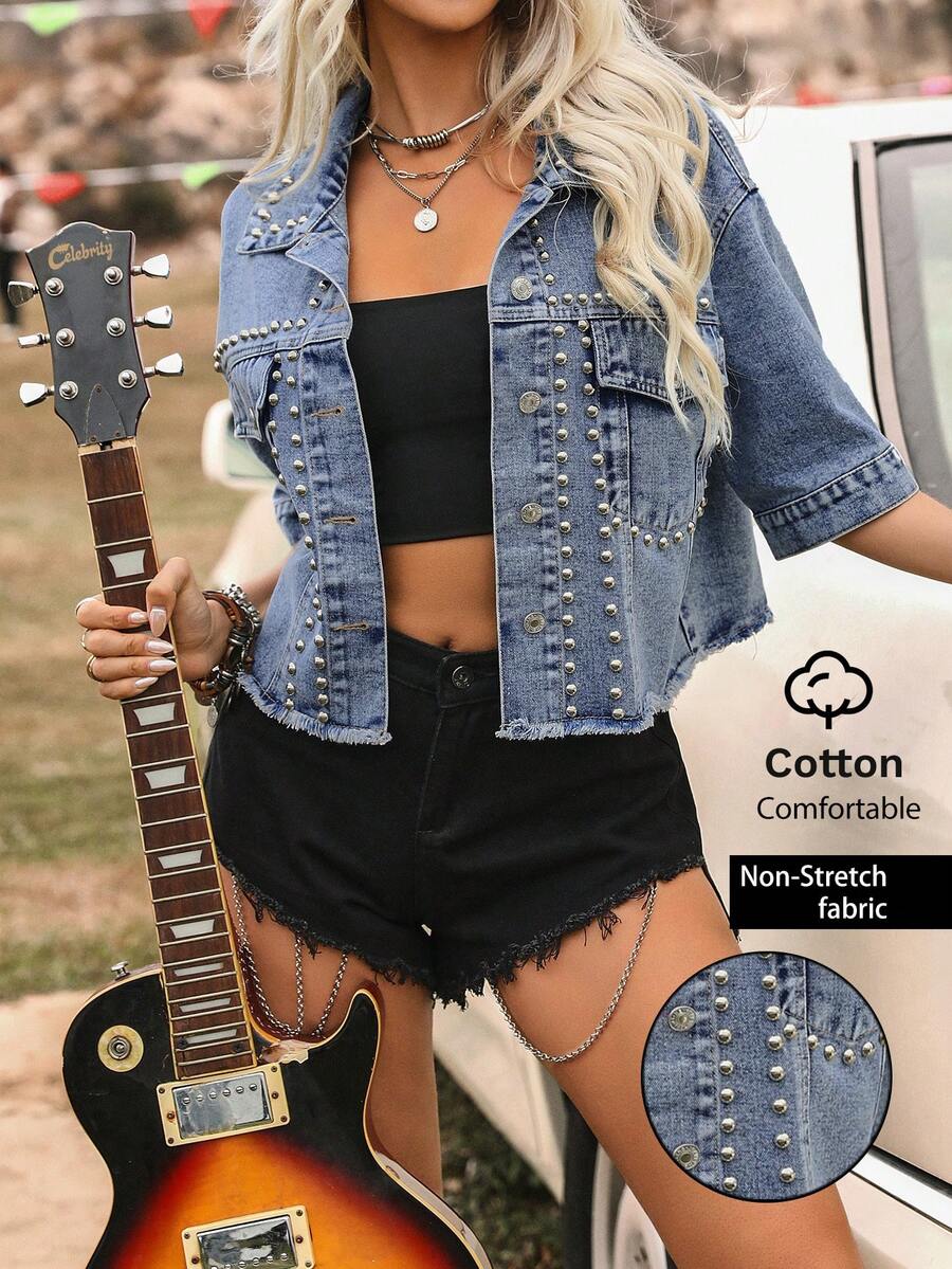 Oversized Short Sleeve Pearl Embellished Denim Jacket - Blue - View 1