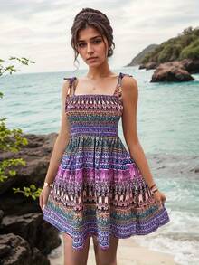 Women's Elegant Off-Shoulder Sleeveless Wrap Dress, Vibrant Floral Print Fitted Top & Flowy Skirt, Summer Casual To Semi-Formal Wear, Fashion Women's Clothes For Beach Holiday - 紫色 - 查看 4